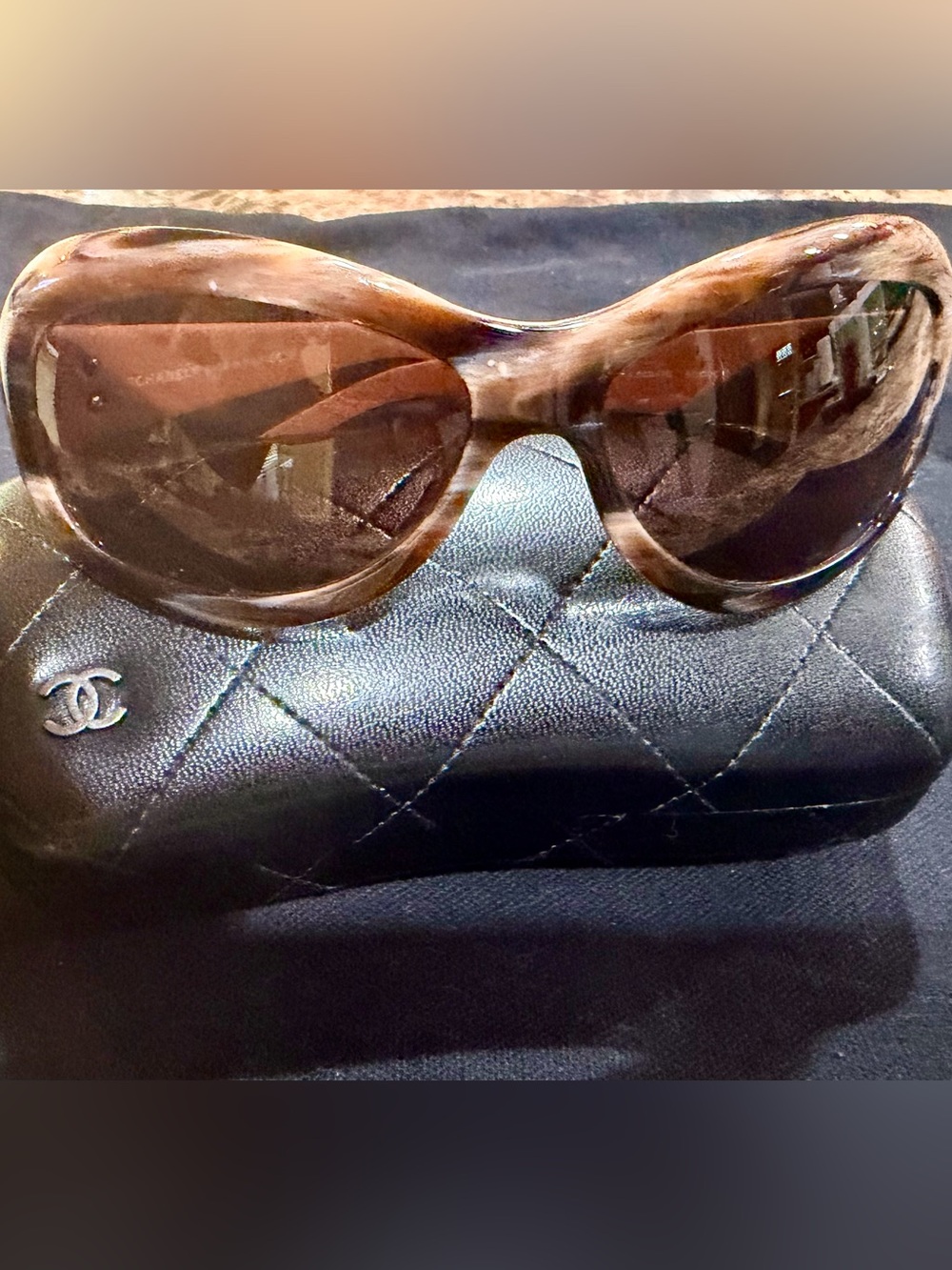 Chanel Brown Tortoiseshell and Quilted Leather Sunglasses